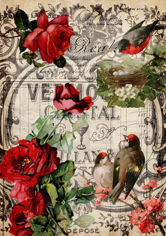 Red Roses and Birds 0651 - Rice Paper Decoupage Queen