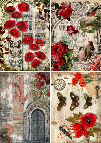 Red Roses and Poppies 4 Pack 0655 - Rice Paper Decoupage Queen