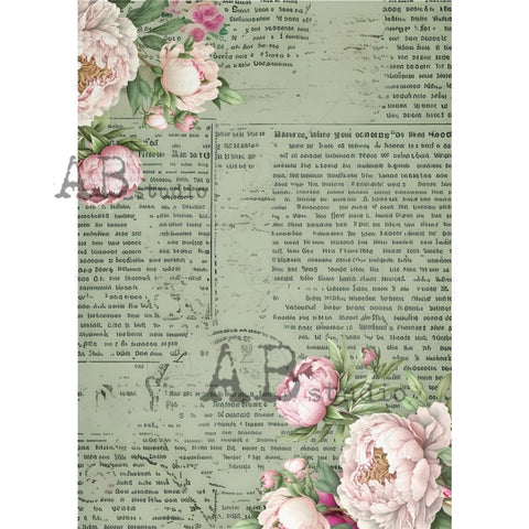 Green Book Page with Pink Peonies - Rice Paper by AB Studios